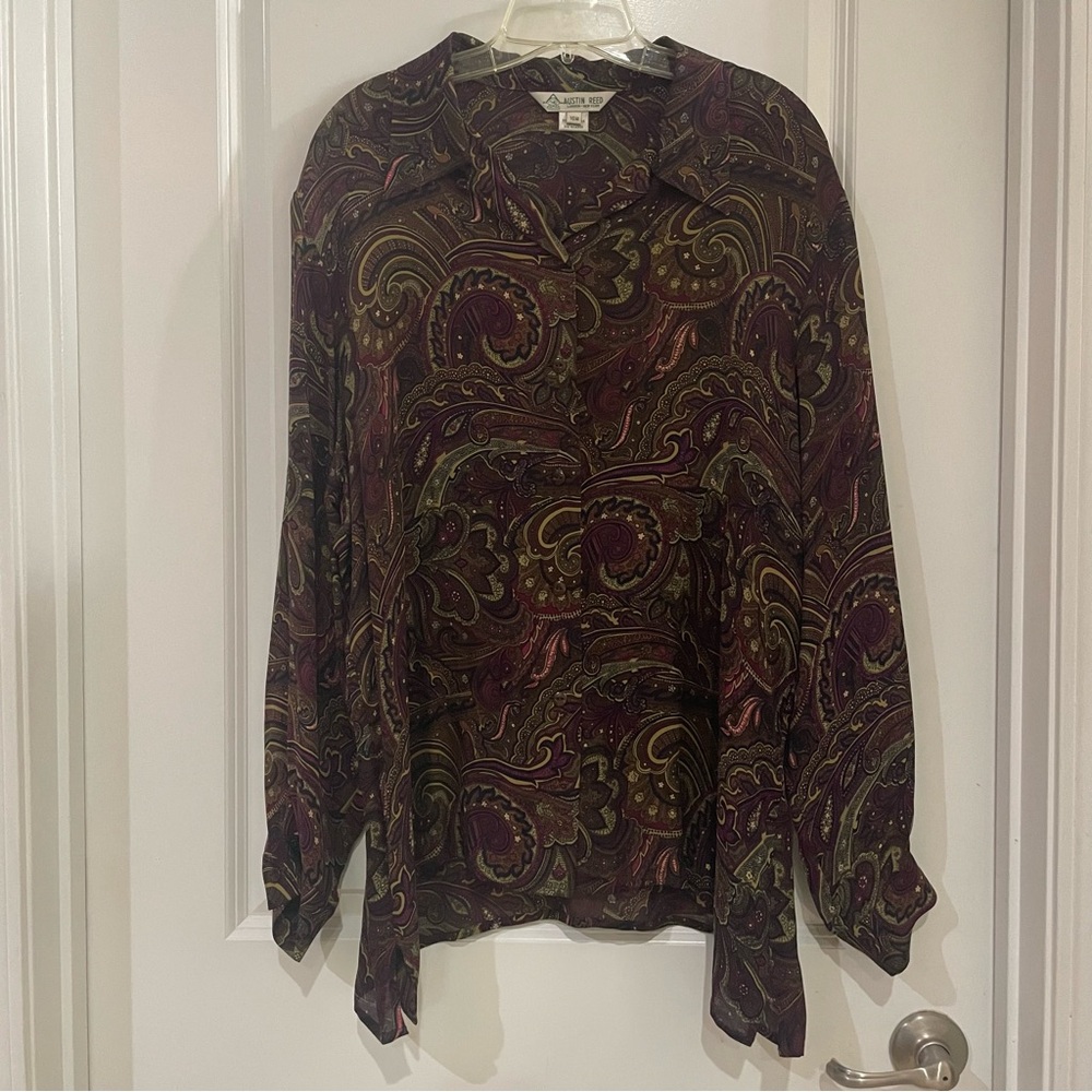 Vintage 90's‎ Austin Reed Silk Blouse Button Up New York paisley Retro Chic 16w